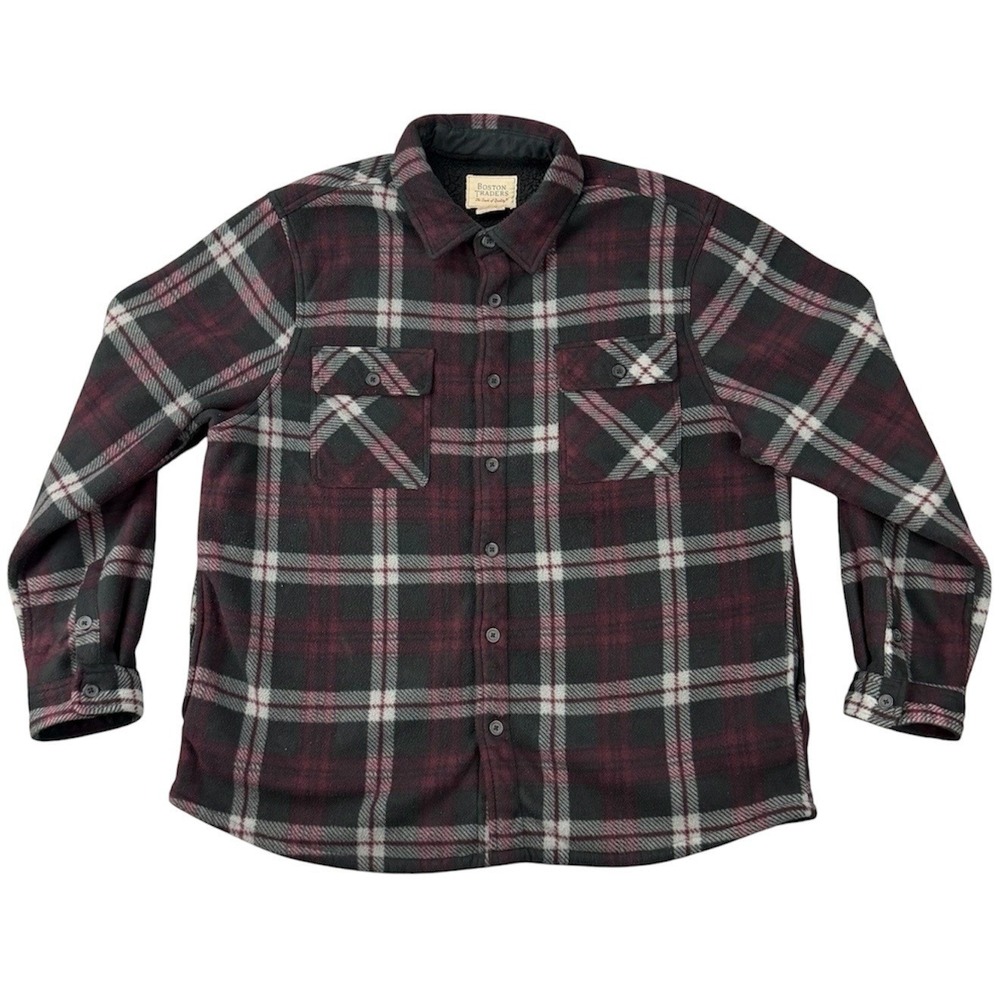 Boston Traders Men's XXL Sherpa Lined Plaid Flannel Shacket Burgundy Black Grey